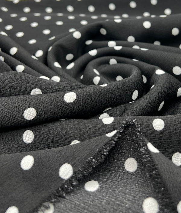 Black White Polka Spot Lightweight Crepe Non Stretch Fabric