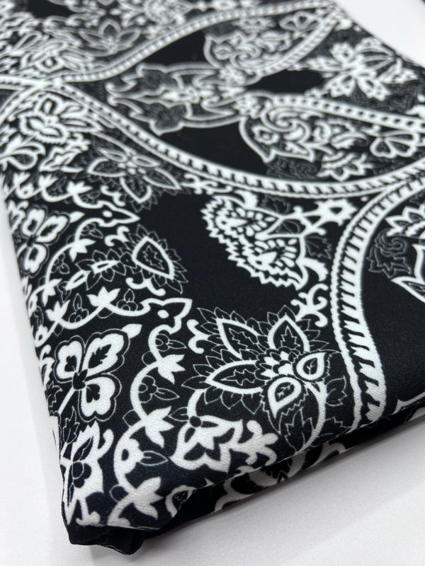 Black White Swirl Paisley Printed Scuba Crepe Jersey Fabric 4 Way Stretch