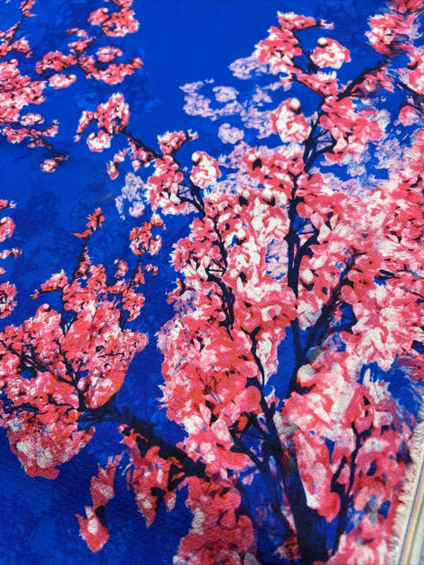 Blue Blossom Print Lightweight Bubble Crepe Non Stretch Fabric
