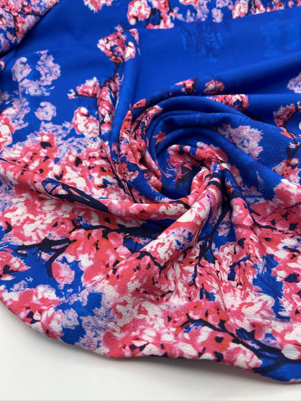 Blue Blossom Print Lightweight Bubble Crepe Non Stretch Fabric