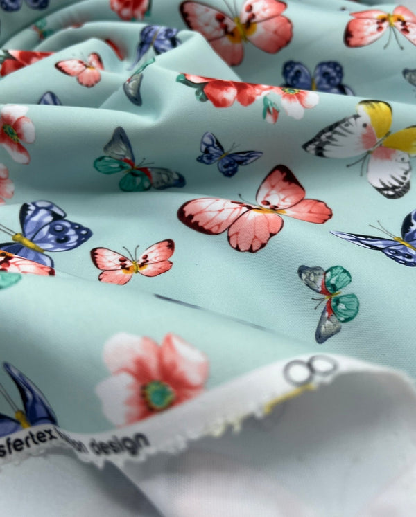 Blue Butterfly Print Plain Scuba Fabric