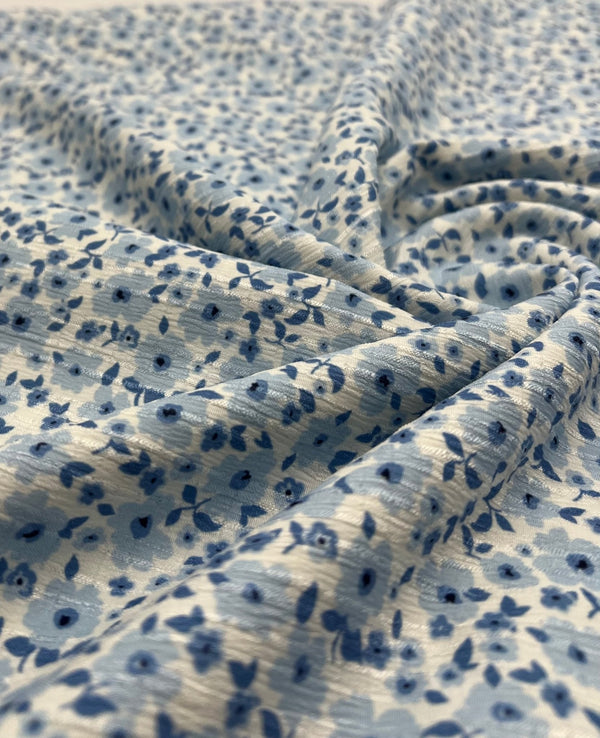 Blue Floral Textured Crinkle Lightweight Non Stretch Fabric