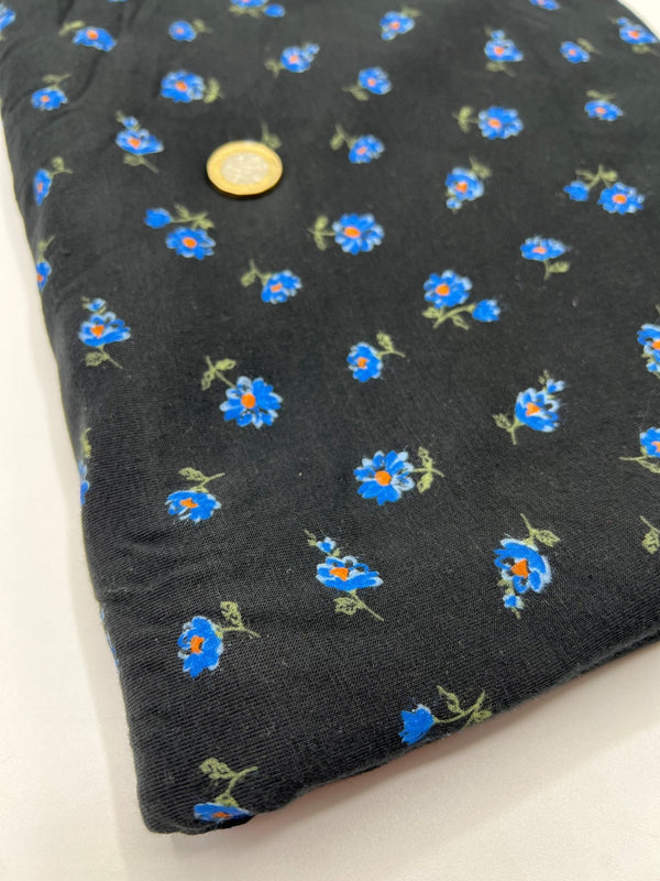 Blue Flower On Black Print Viscose Elastane Fabric