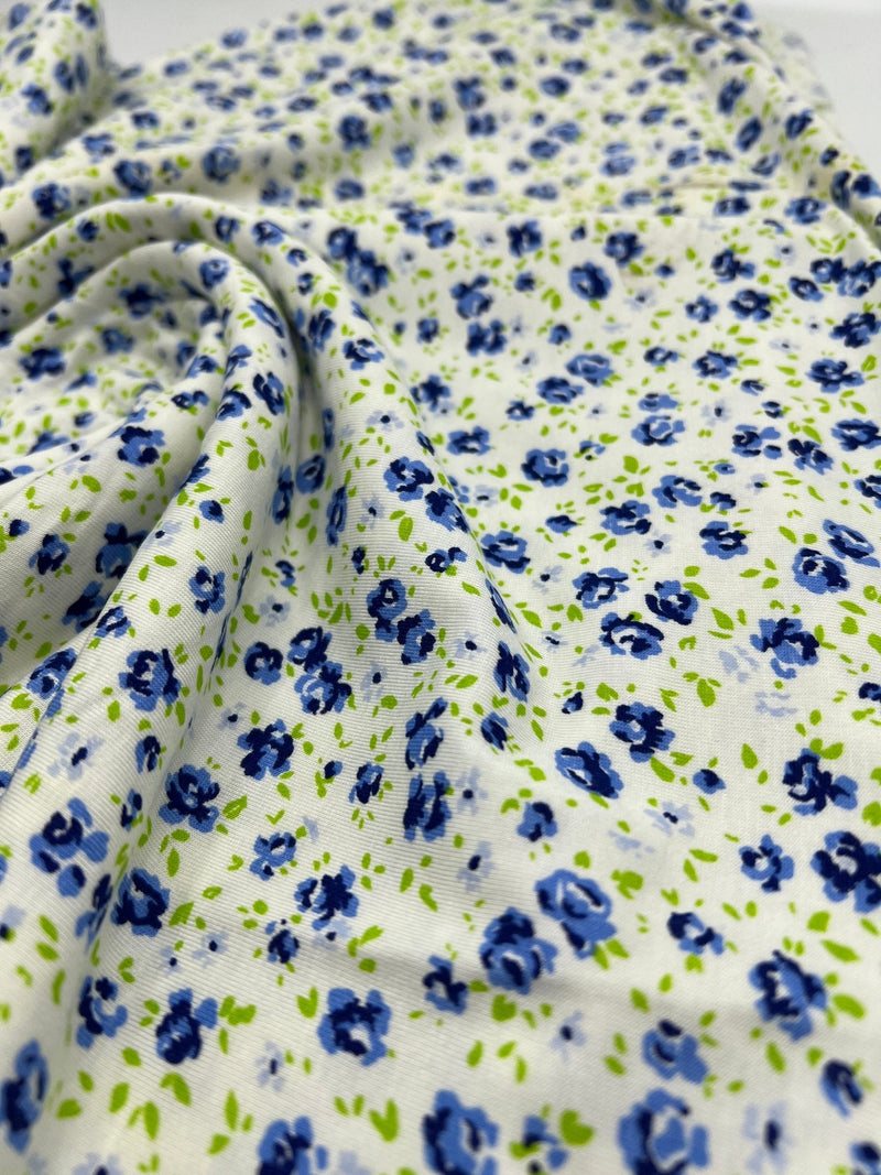 Blue Ivory Floral Print Viscose Elastane Fabric