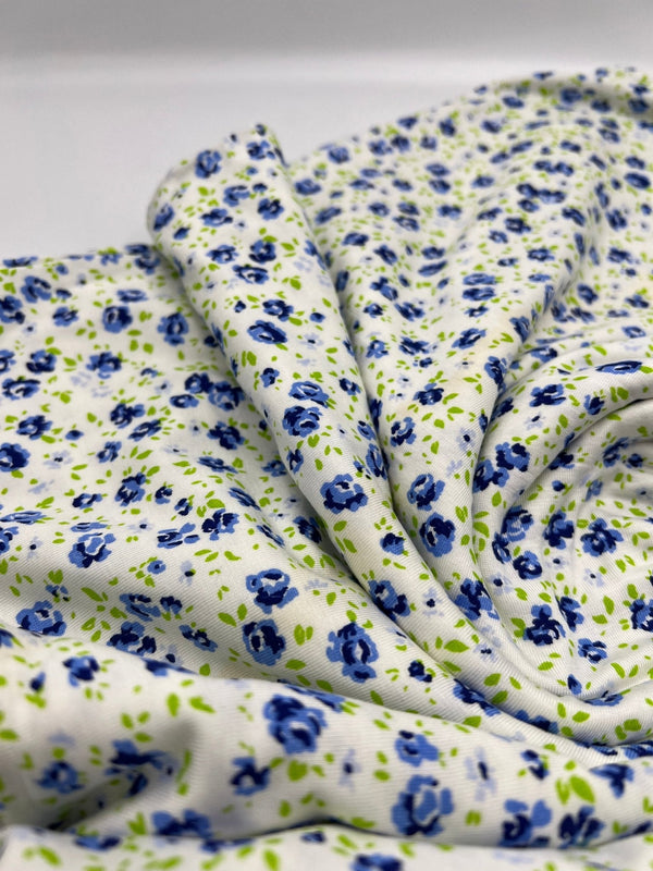 Blue Ivory Floral Print Viscose Elastane Fabric