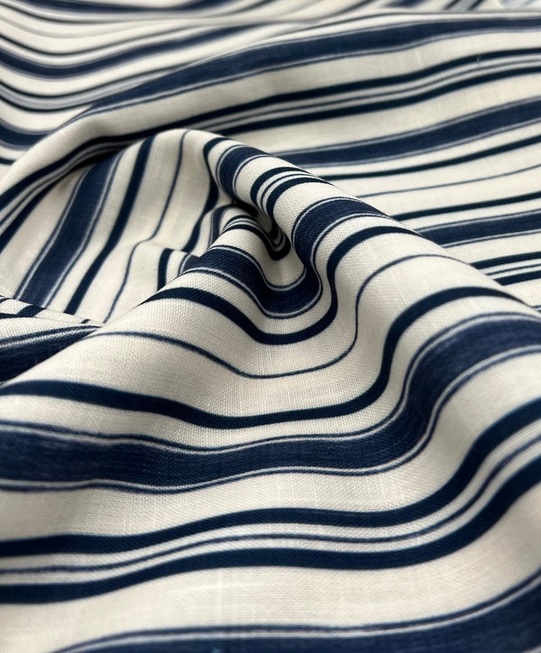 Blue Stripe Linen Look Non Stretch Fabric