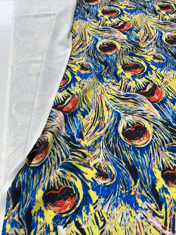 Blue Yellow Mix Printed Scuba Crepe Jersey Fabric 4 Way Stretch