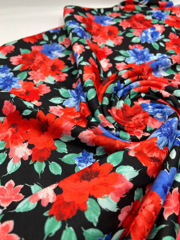 Bold Red & Blue Flower Print Spun Poly Stretch Fabric