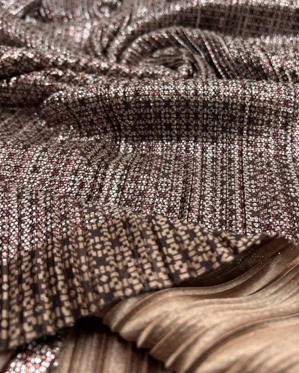 Bronze Silver Metallic Foil Shiny Plisse Pleated Stretch Fabric