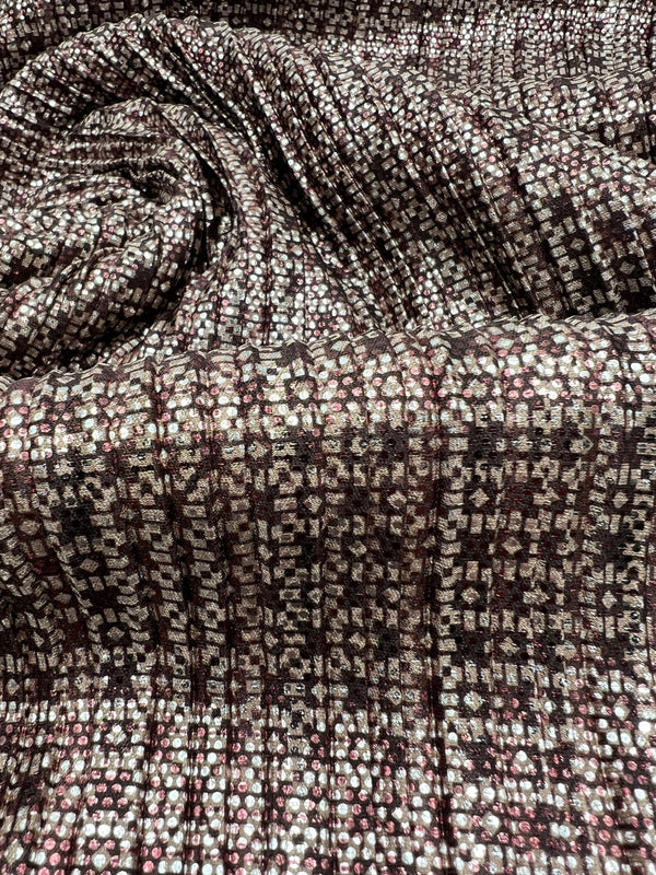 Bronze Silver Metallic Foil Shiny Plisse Pleated Stretch Fabric