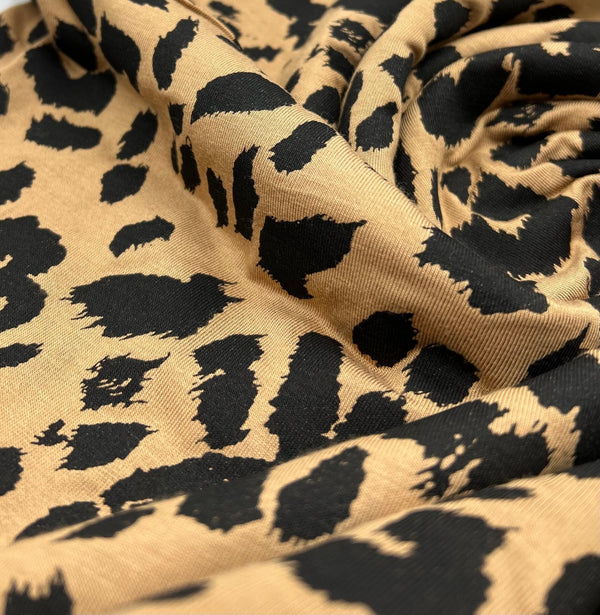 Brown Black Leopard Print Viscose Elastane Fabric
