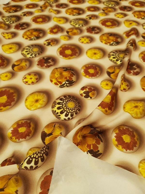 Brown Flower Stones Print Lightweight Jersey Crepe Fabric 4 Way Stretch