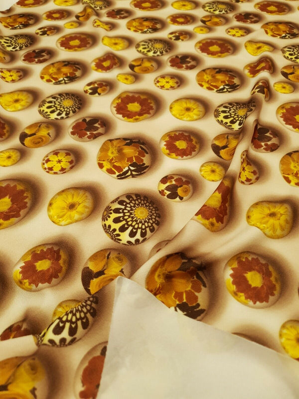 Brown Flower Stones Print Lightweight Jersey Crepe Fabric 4 Way Stretch