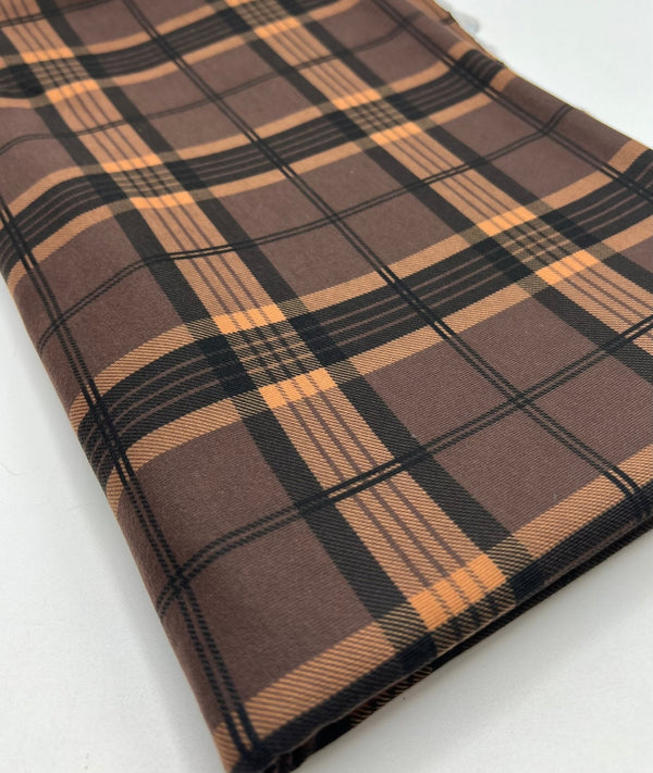 Brown Orange Check Print Spun Poly Stretch Fabric