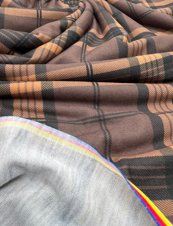 Brown Orange Check Print Spun Poly Stretch Fabric