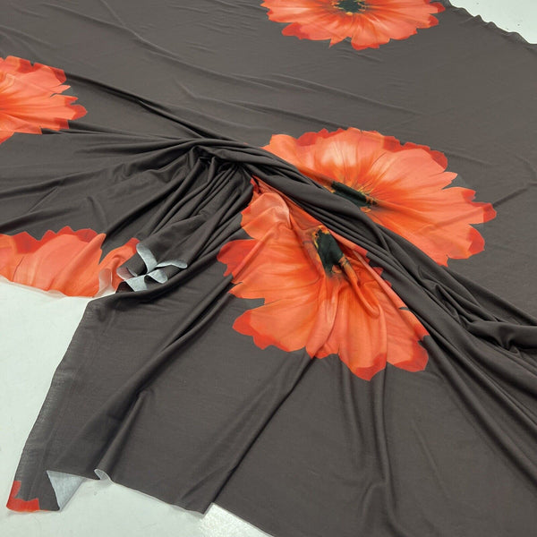 Brown Orange Flower Spun Poly Stretch Fabric