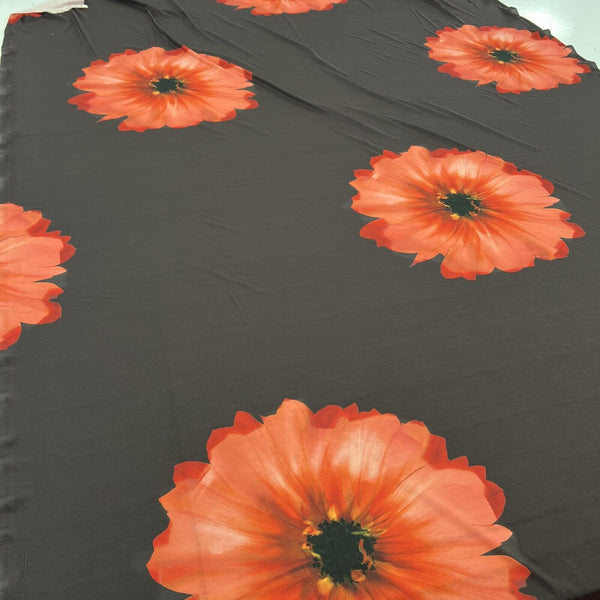 Brown Orange Flower Spun Poly Stretch Fabric