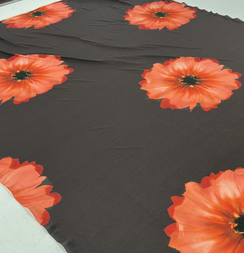 Brown Orange Flower Spun Poly Stretch Fabric
