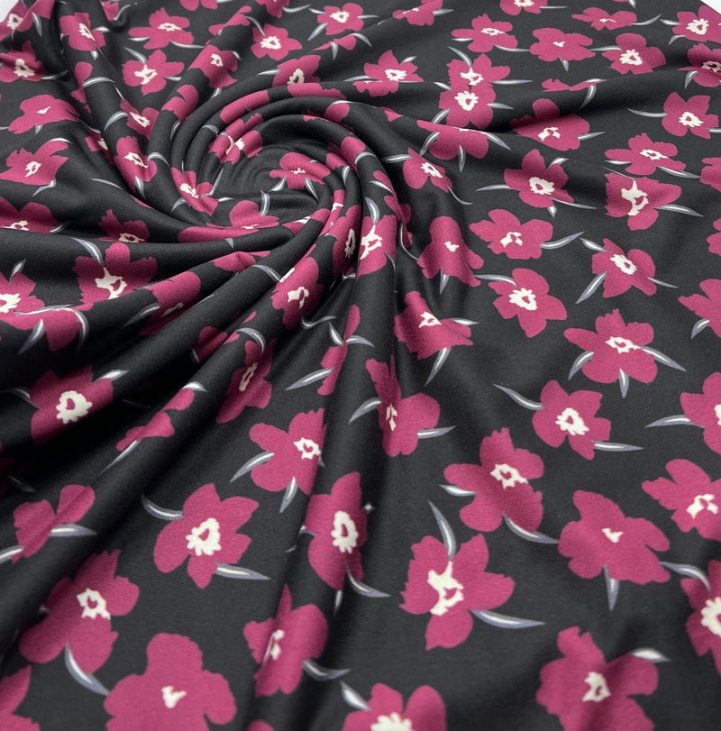 Burgundy Black Floral Print Super Soft Spun Poly Stretch Fabric