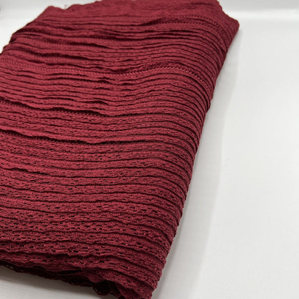 Burgundy Ruffle Crochet Frill Knitted Stretch Fabric 300GSM