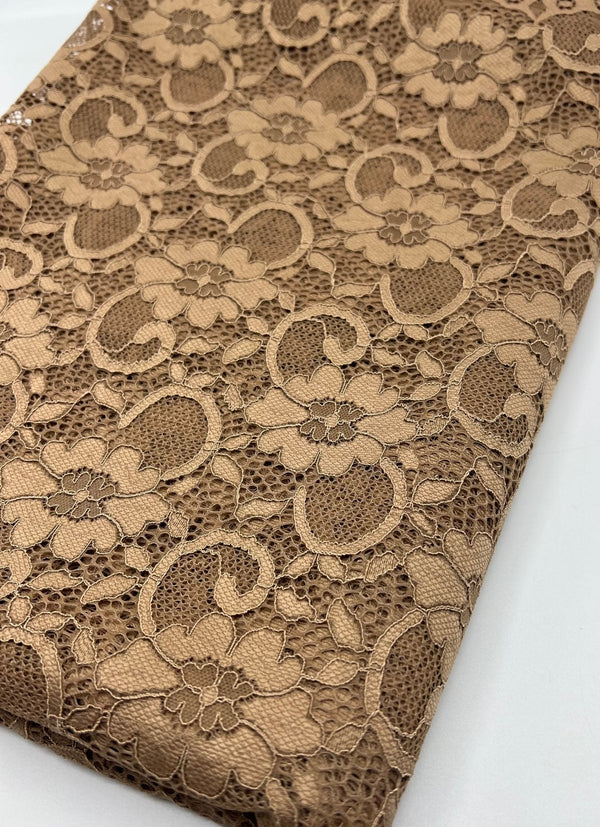 Camel Scalloped Edge Floral Lace Fabric Stretch