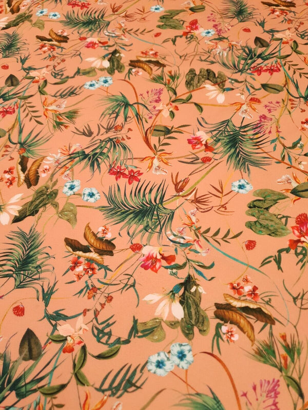Coral Floral Printed Scuba Crepe Jersey Fabric 4 Way Stretch