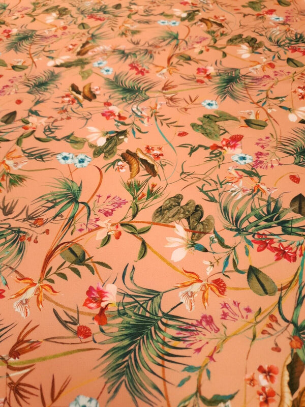 Coral Floral Printed Scuba Crepe Jersey Fabric 4 Way Stretch