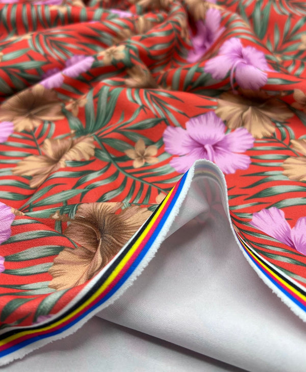 Coral Pink Floral Printed Scuba Crepe Jersey Fabric 4 Way Stretch