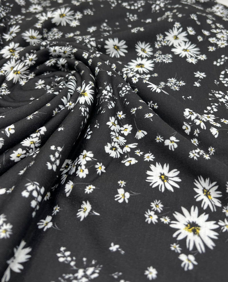 Daisy white black Print Spun Poly Stretch Fabric
