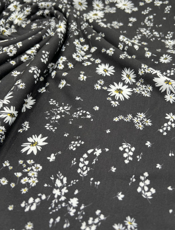 Daisy white black Print Spun Poly Stretch Fabric