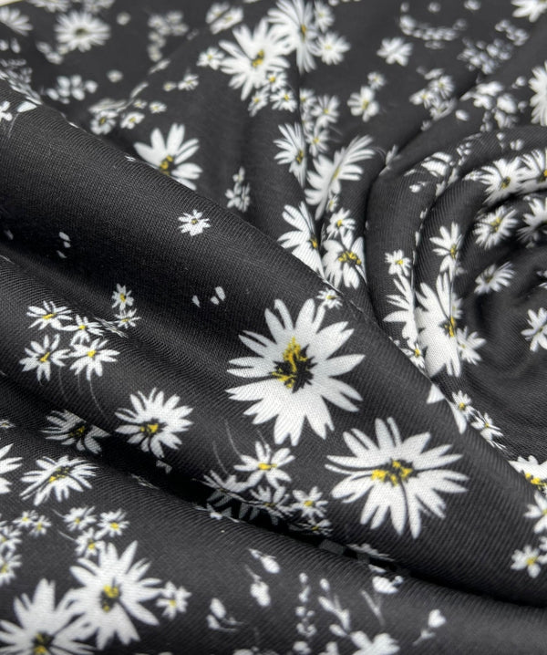 Daisy white black Print Spun Poly Stretch Fabric