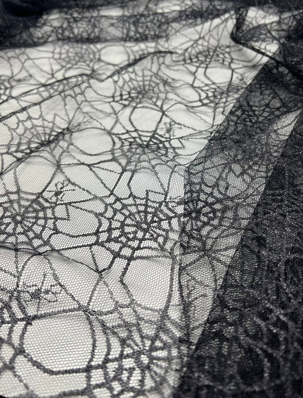 Dark Grey Black Cobweb Halloween Print Mesh Fabric Stretch