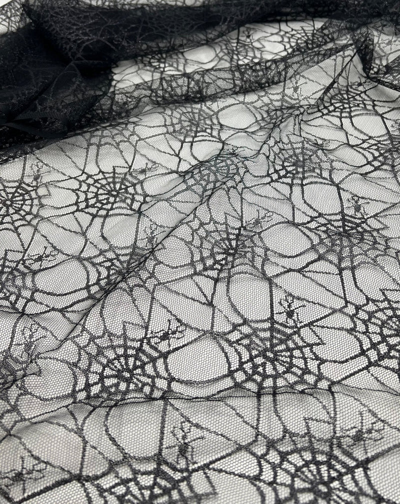 Dark Grey Black Cobweb Halloween Print Mesh Fabric Stretch