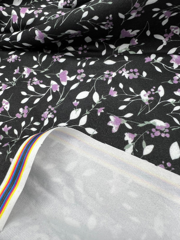 Delicate Violet Floral Print Spun Poly Stretch Fabric