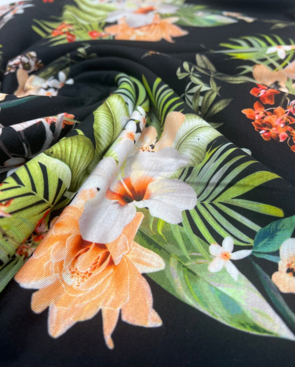 Floral Orange Print Spun Poly Stretch Fabric