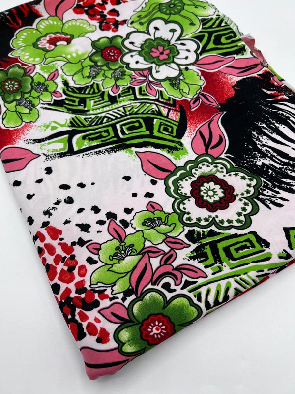 Green Floral Mix Print Soft Touch 4 Way Stretch Fabric