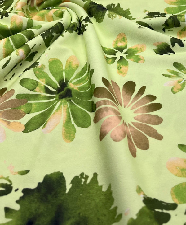 Lime Green Floral Printed Scuba Crepe Jersey Fabric 4 Way Stretch