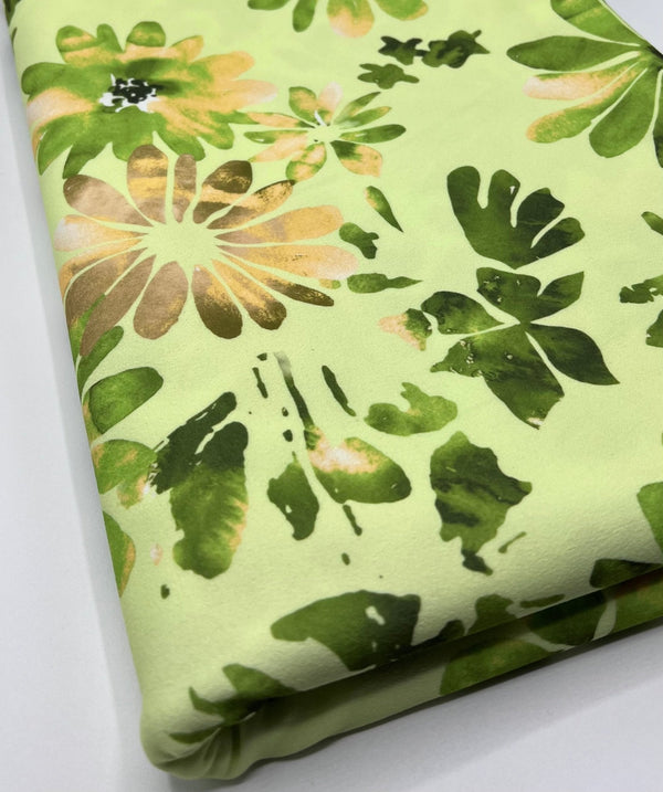 Lime Green Floral Printed Scuba Crepe Jersey Fabric 4 Way Stretch