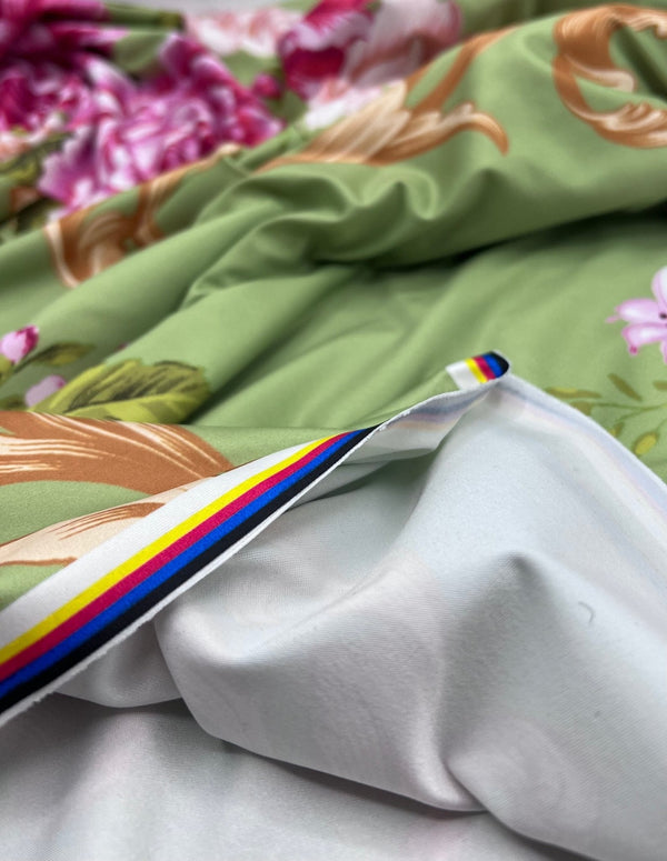 Green Gold Rose Print Soft Touch Stretch Fabric