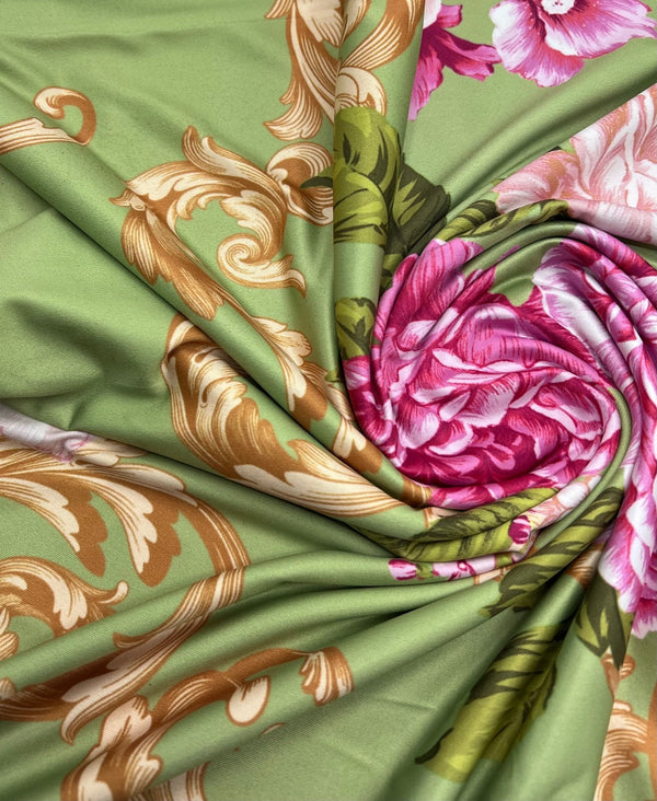 Green Gold Rose Print Soft Touch Stretch Fabric