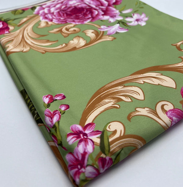 Green Gold Rose Print Soft Touch Stretch Fabric