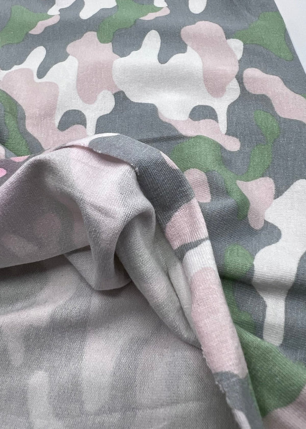 Green Grey Soft Pink Camo Print Viscose Elastane Fabric