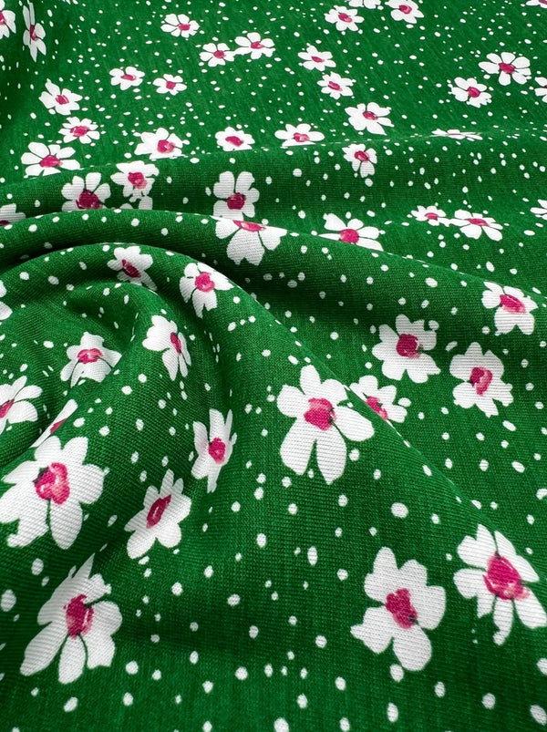 Green White Floral Spot Print Viscose Elastane 4 Way Stretch Fabric