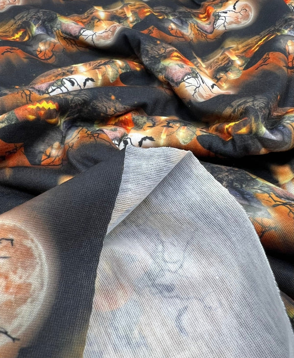 Halloween Pumpkin Candle Print Spun Poly Stretch Fabric