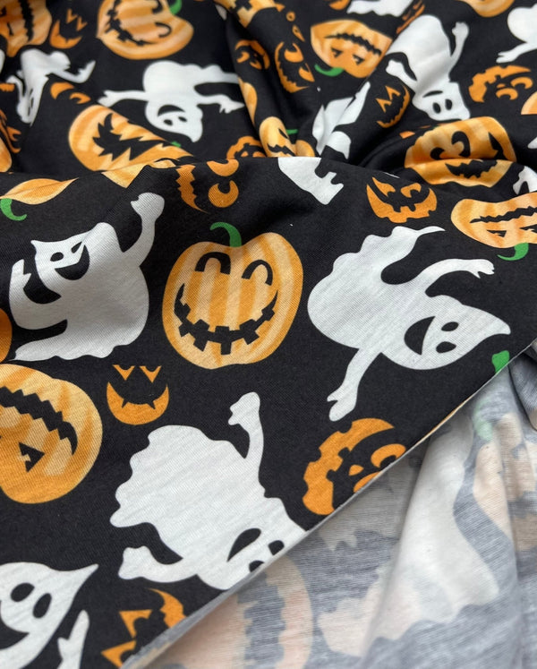 Halloween Pumpkin Ghost Print Spun Poly Stretch Fabric