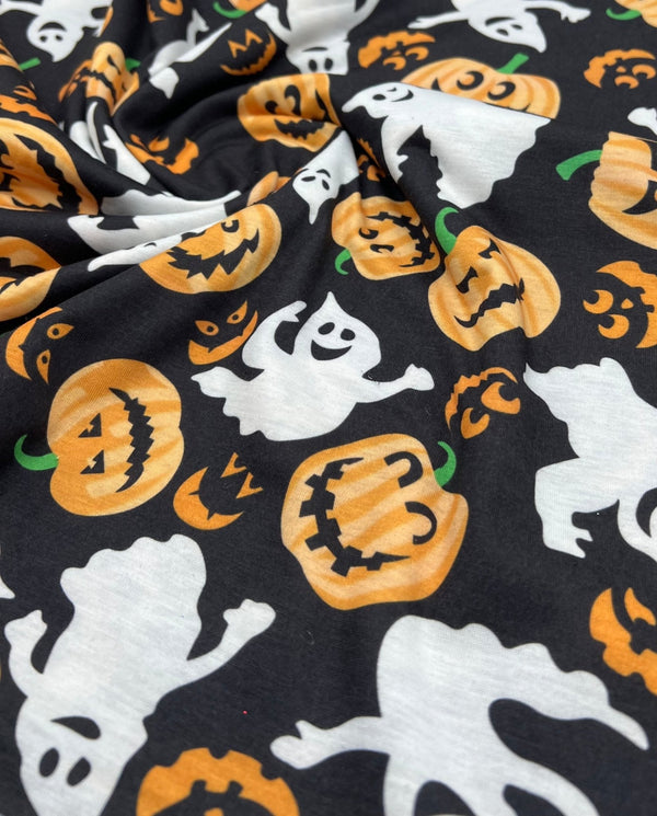 Halloween Pumpkin Ghost Print Spun Poly Stretch Fabric