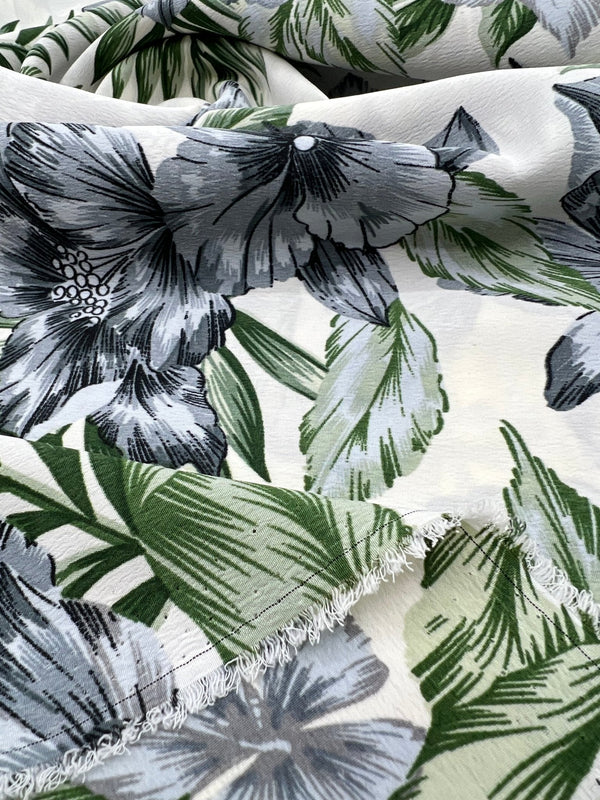 Ivory Blue Leaf Floral Lightweight Non Stretch Woven Fabric