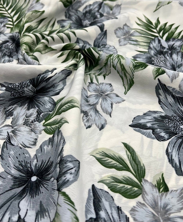 Ivory Blue Leaf Floral Lightweight Non Stretch Woven Fabric