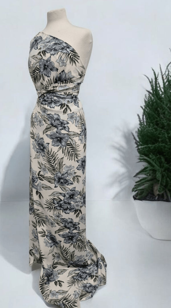 Ivory Blue Leaf Floral Lightweight Non Stretch Woven Fabric