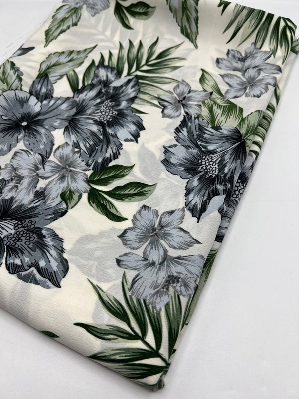 Ivory Blue Leaf Floral Lightweight Non Stretch Woven Fabric